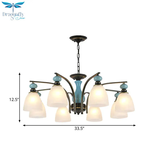 Retro Domed Shade Hanging Pendant 3/5/8 Lights Frosted Glass Chandelier Lighting Fixture In Black
