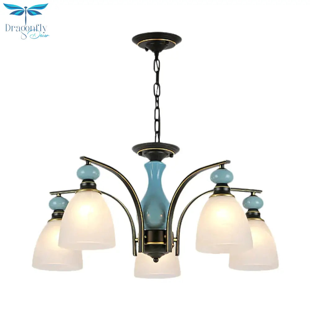 Retro Domed Shade Hanging Pendant 3/5/8 Lights Frosted Glass Chandelier Lighting Fixture In Black