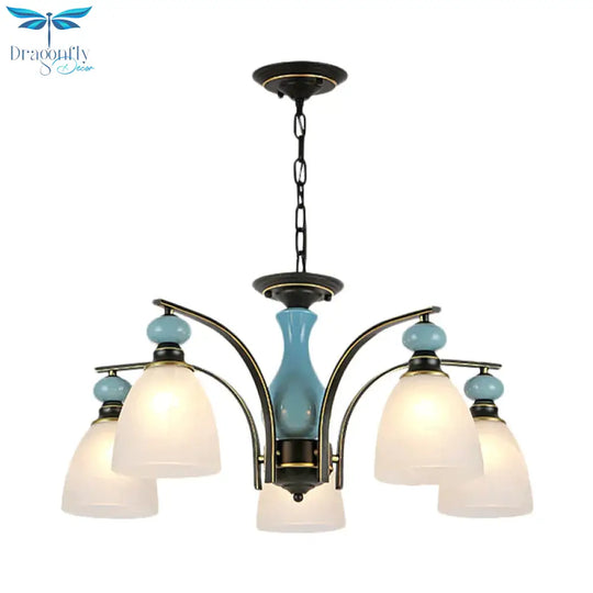 Retro Domed Shade Hanging Pendant 3/5/8 Lights Frosted Glass Chandelier Lighting Fixture In Black