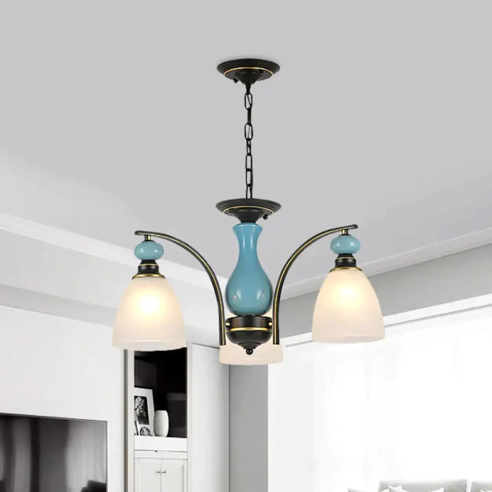 Retro Domed Shade Hanging Pendant 3/5/8 Lights Frosted Glass Chandelier Lighting Fixture In Black