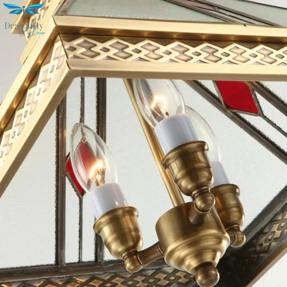 Retro Frosted Glass Pyramid Shaped Bedroom Ceiling Chandelier 3 Lights Gold Hanging Light