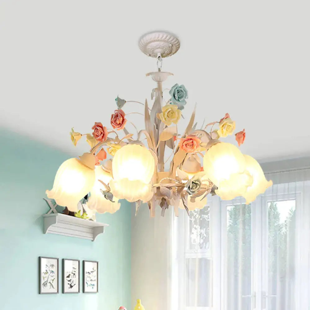 Ribbed Glass White Chandelier Semi - Open Flower 3/6 Bulbs Korean Garden Hanging Ceiling Light 6 /
