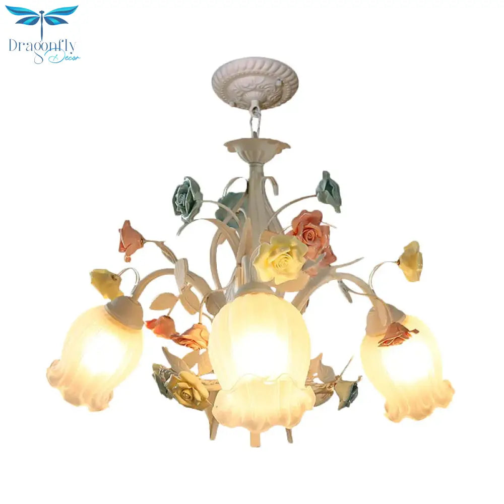 Ribbed Glass White Chandelier Semi - Open Flower 3/6 Bulbs Korean Garden Hanging Ceiling Light