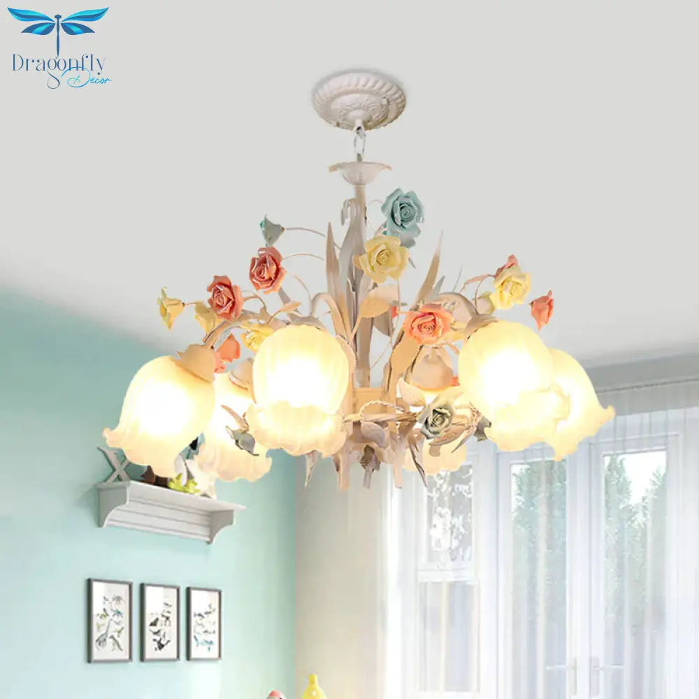 Ribbed Glass White Chandelier Semi - Open Flower 3/6 Bulbs Korean Garden Hanging Ceiling Light