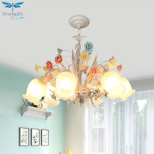 Ribbed Glass White Chandelier Semi - Open Flower 3/6 Bulbs Korean Garden Hanging Ceiling Light