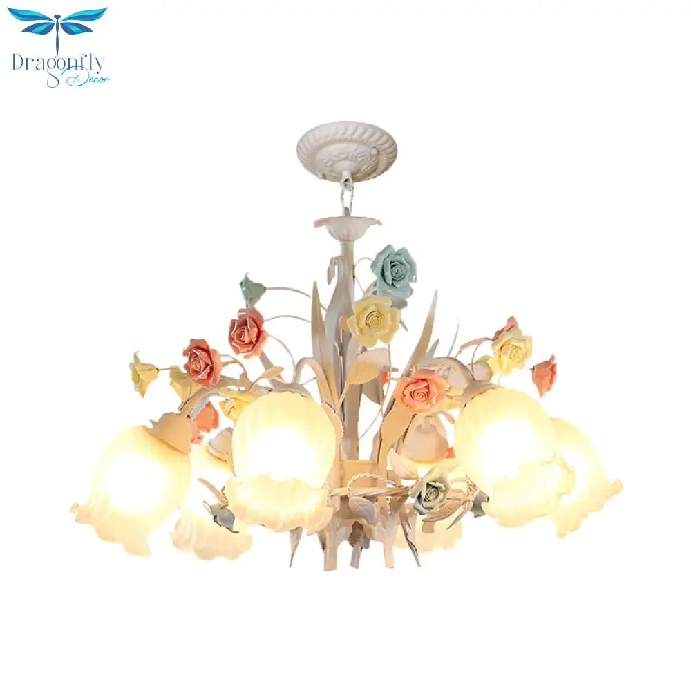 Ribbed Glass White Chandelier Semi - Open Flower 3/6 Bulbs Korean Garden Hanging Ceiling Light
