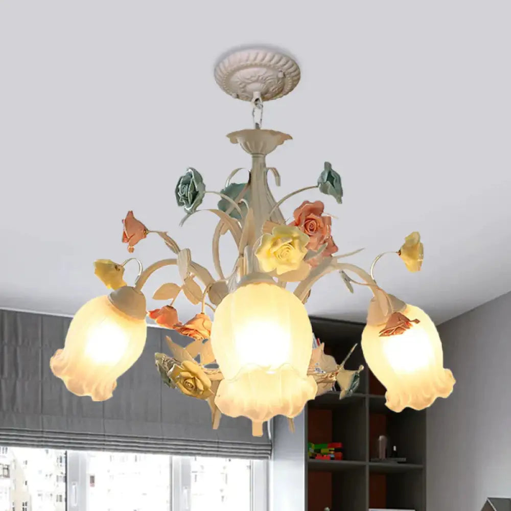 Ribbed Glass White Chandelier Semi - Open Flower 3/6 Bulbs Korean Garden Hanging Ceiling Light 3 /