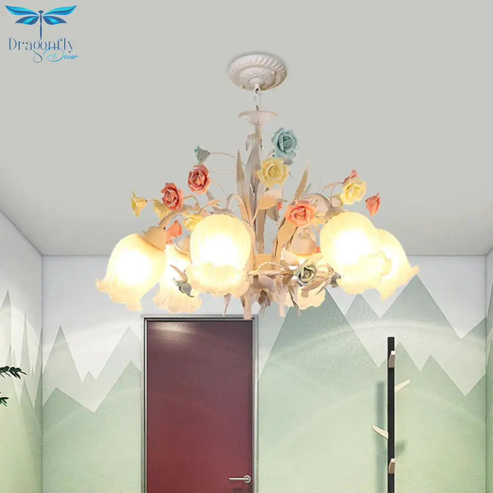 Ribbed Glass White Chandelier Semi - Open Flower 3/6 Bulbs Korean Garden Hanging Ceiling Light