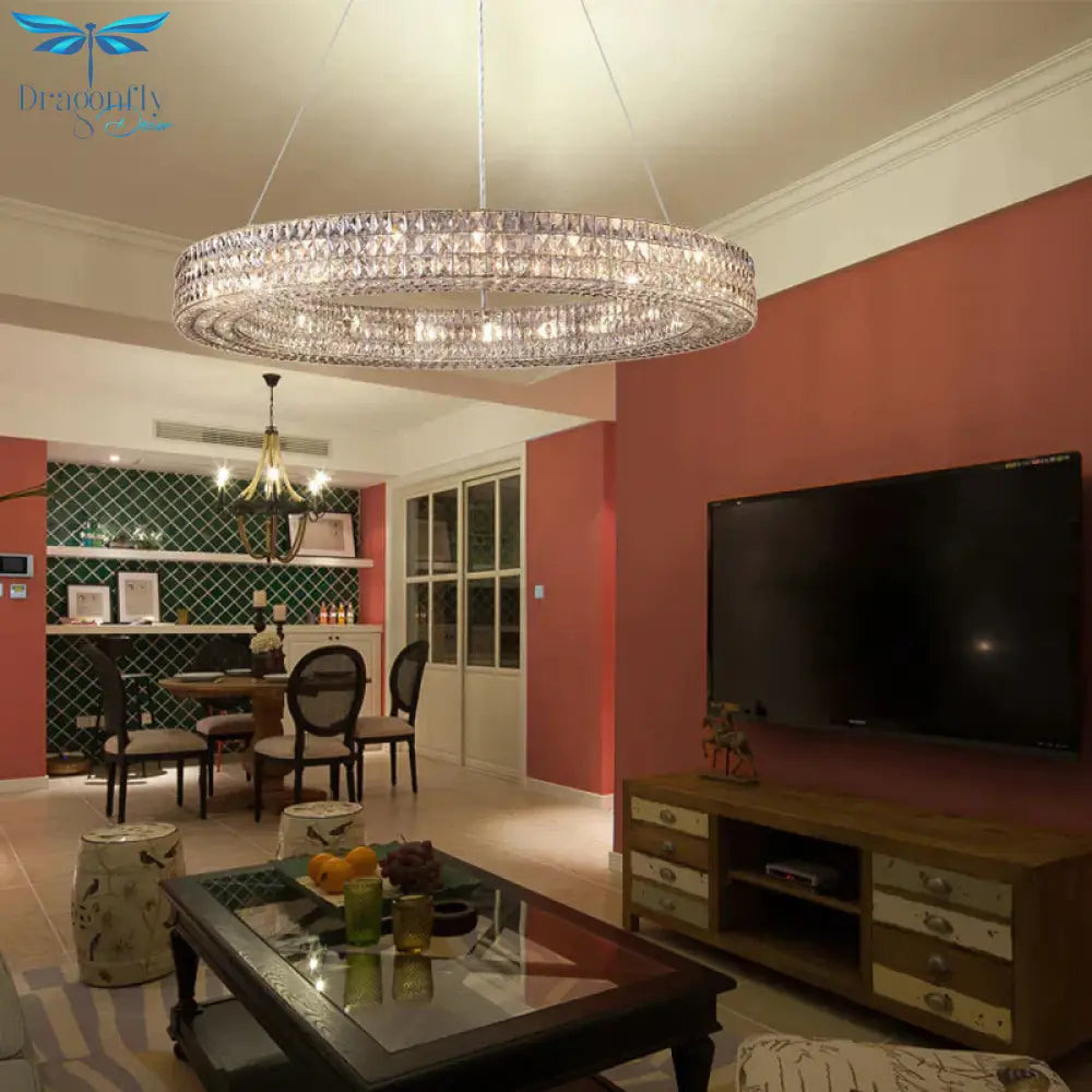Ring Clear K9 Crystal Ceiling Pendant Light Simple 8/9 Heads Living Room Chandelier
