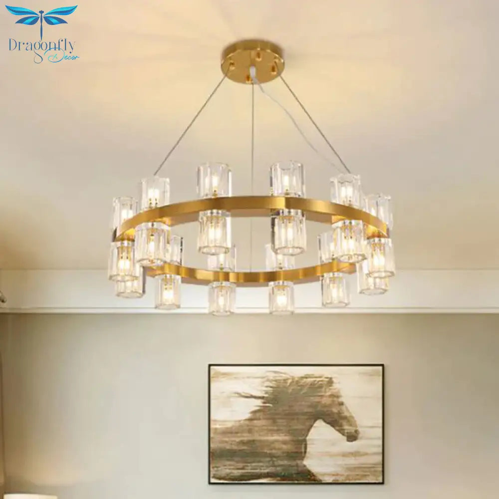 Ring Ridged Crystal Hanging Light Fixture Postmodern 24 Heads Bedroom Pendant Chandelier In Gold