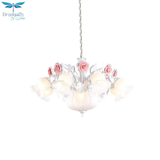 Romantic Pastoral Blossom Hanging Light 10 Lights White Glass Chandelier Lamp For Living Room