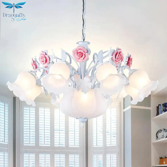 Romantic Pastoral Blossom Hanging Light 10 Lights White Glass Chandelier Lamp For Living Room