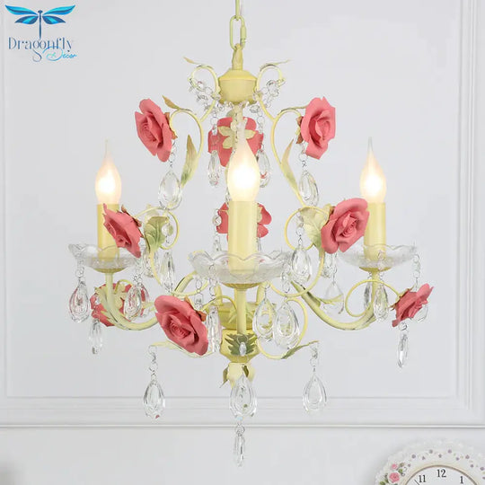 Romantic Pastoral Rose Swirl Vine Pendant 3 Heads Iron Chandelier Light In Beige With K9 Crystal