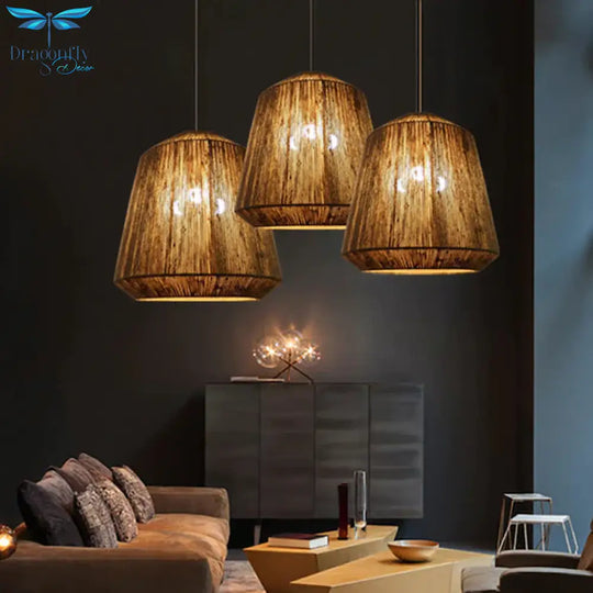 Rope Conical Hanging Chandelier Farmhouse 3 - Bulb Ceiling Pendant Light In Flaxen For Tearoom