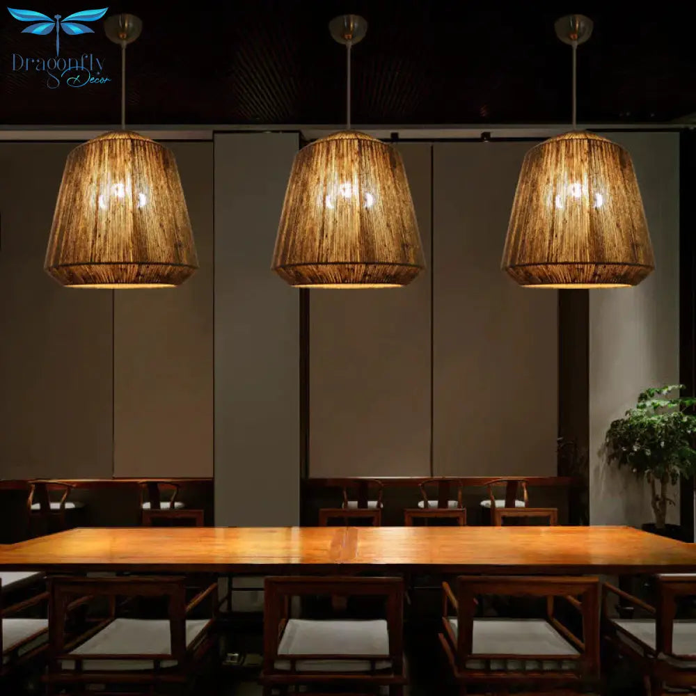 Rope Conical Hanging Chandelier Farmhouse 3 - Bulb Ceiling Pendant Light In Flaxen For Tearoom