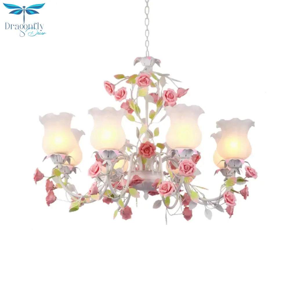 Rose Living Room Ceiling Chandelier Pastoral White Glass 8 Heads Pink Hanging Light Fixture