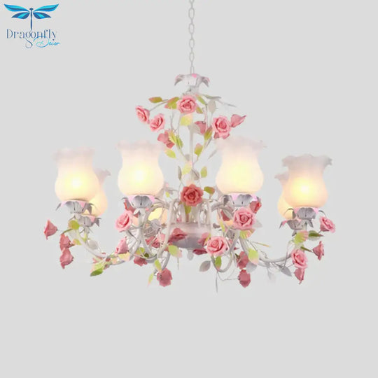 Rose Living Room Ceiling Chandelier Pastoral White Glass 8 Heads Pink Hanging Light Fixture