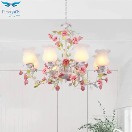Rose Living Room Ceiling Chandelier Pastoral White Glass 8 Heads Pink Hanging Light Fixture