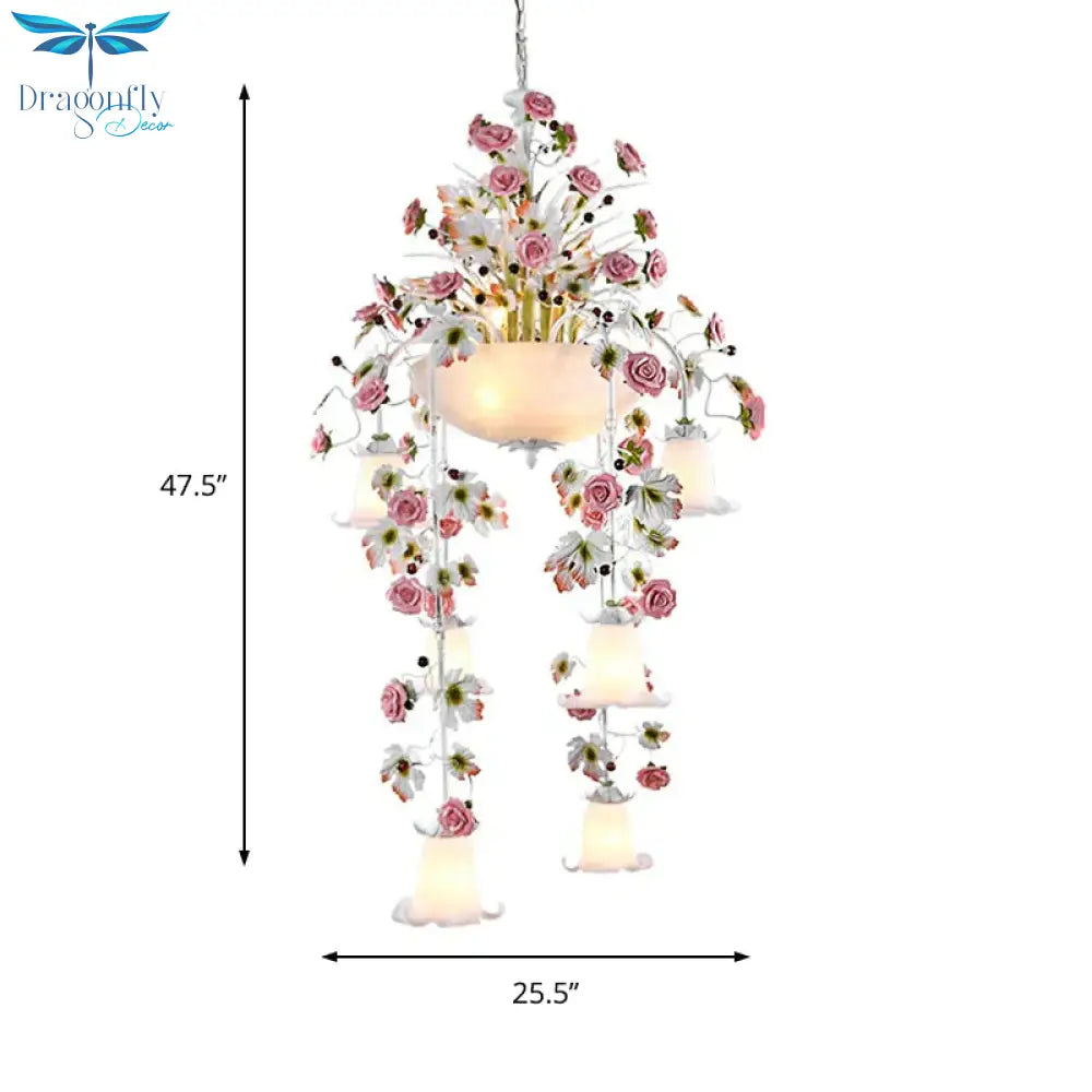 Rose White Glass Ceiling Lamp Romantic Pastoral 10 Bulbs Foyer Chandelier Lighting Fixture