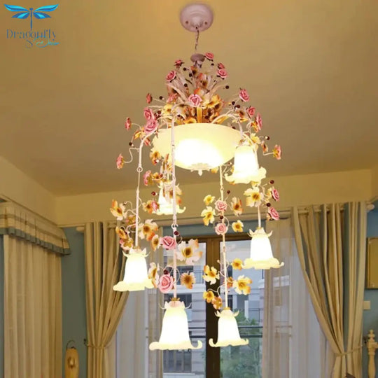 Rose White Glass Ceiling Lamp Romantic Pastoral 10 Bulbs Foyer Chandelier Lighting Fixture