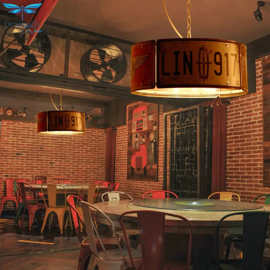 Round Cage Metal Suspension Light Three - Head Retro Chandeliers In White And Red For Bar