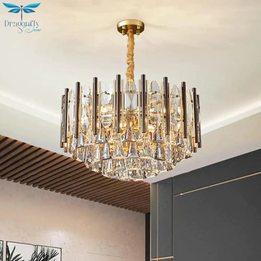 Round Ceiling Chandelier Postmodern Teardrop Crystal 7 Lights Gold Hanging Light Kit