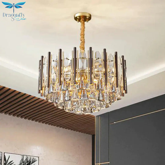 Round Ceiling Chandelier Postmodern Teardrop Crystal 7 Lights Gold Hanging Light Kit