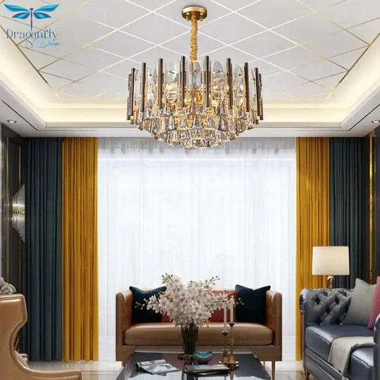 Round Ceiling Chandelier Postmodern Teardrop Crystal 7 Lights Gold Hanging Light Kit