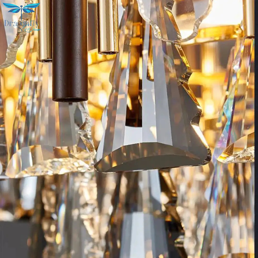 Round Ceiling Chandelier Postmodern Teardrop Crystal 7 Lights Gold Hanging Light Kit