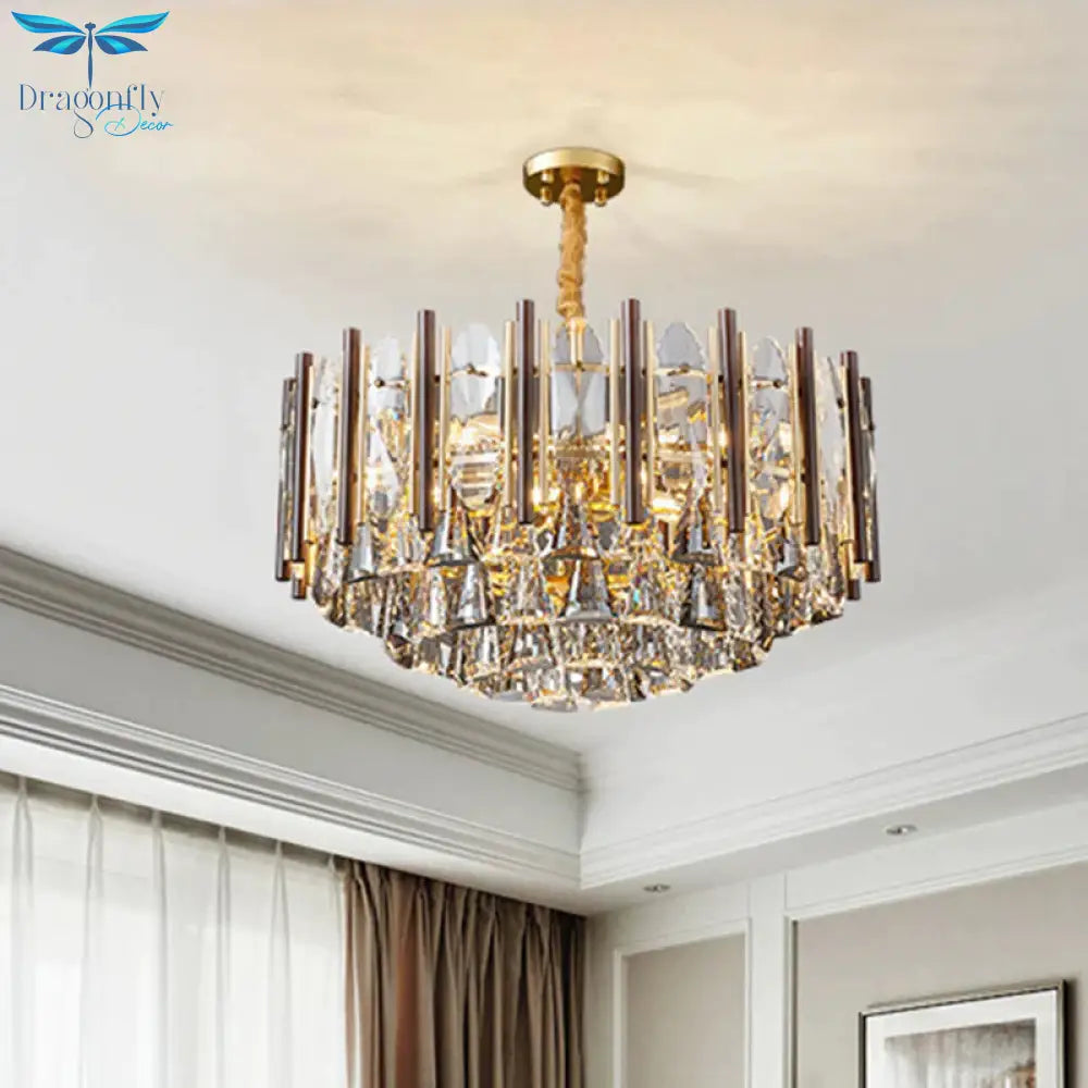 Round Ceiling Chandelier Postmodern Teardrop Crystal 7 Lights Gold Hanging Light Kit