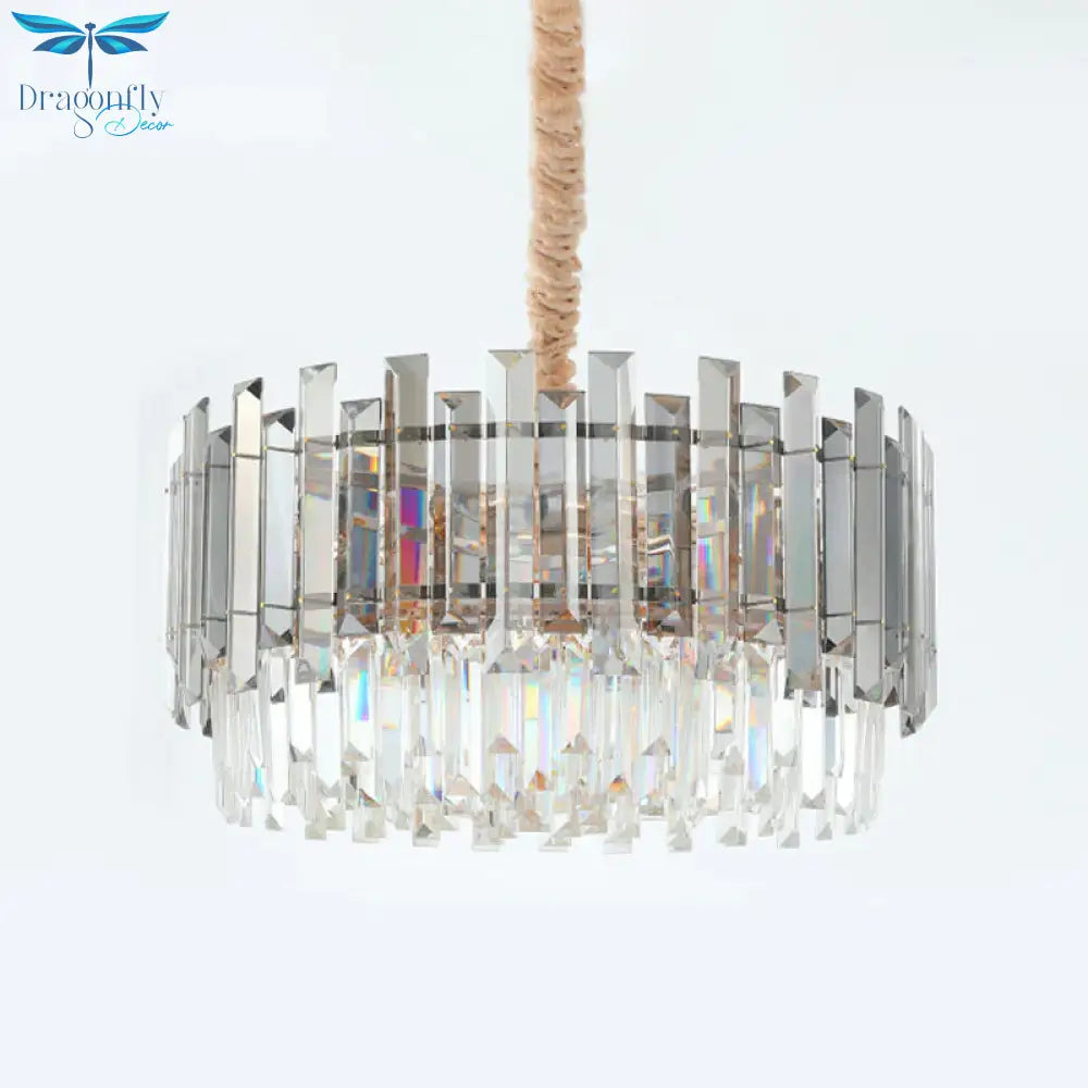 Round Clear Crystal Prisms Chandelier Lamp Modern 9 Bulbs Dinning Hall Pendant Light Kit