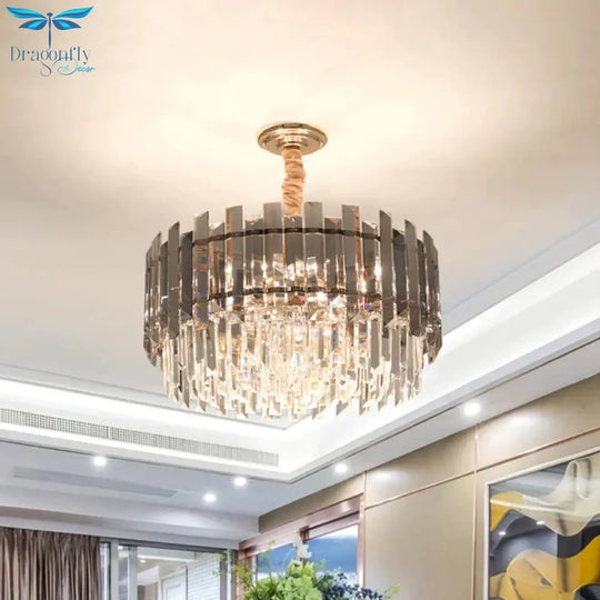 Round Clear Crystal Prisms Chandelier Lamp Modern 9 Bulbs Dinning Hall Pendant Light Kit