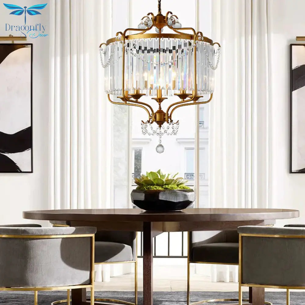 Round Crystal Chandelier Lamp Industrial Style With Wire Cage For Living Room