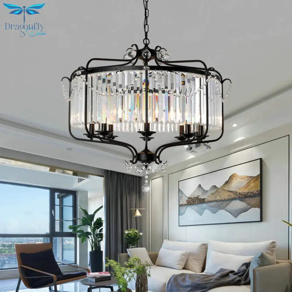 Round Crystal Chandelier Lamp Industrial Style With Wire Cage For Living Room