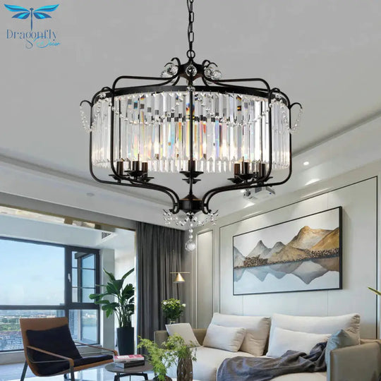 Round Crystal Chandelier Lamp Industrial Style With Wire Cage For Living Room