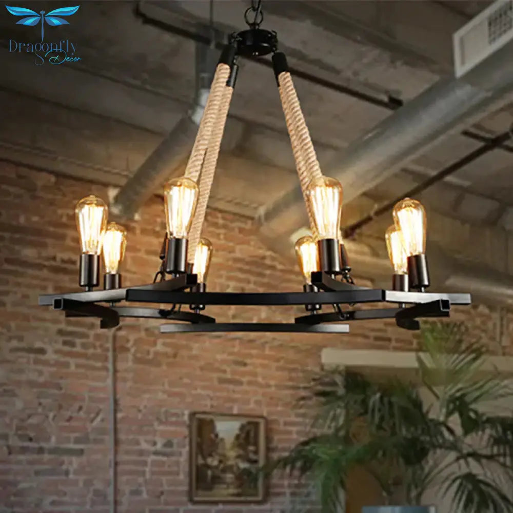 Round Metal Ceiling Lamp Traditional 8 - Bulb Dining Room Pendant Chandelier In Black