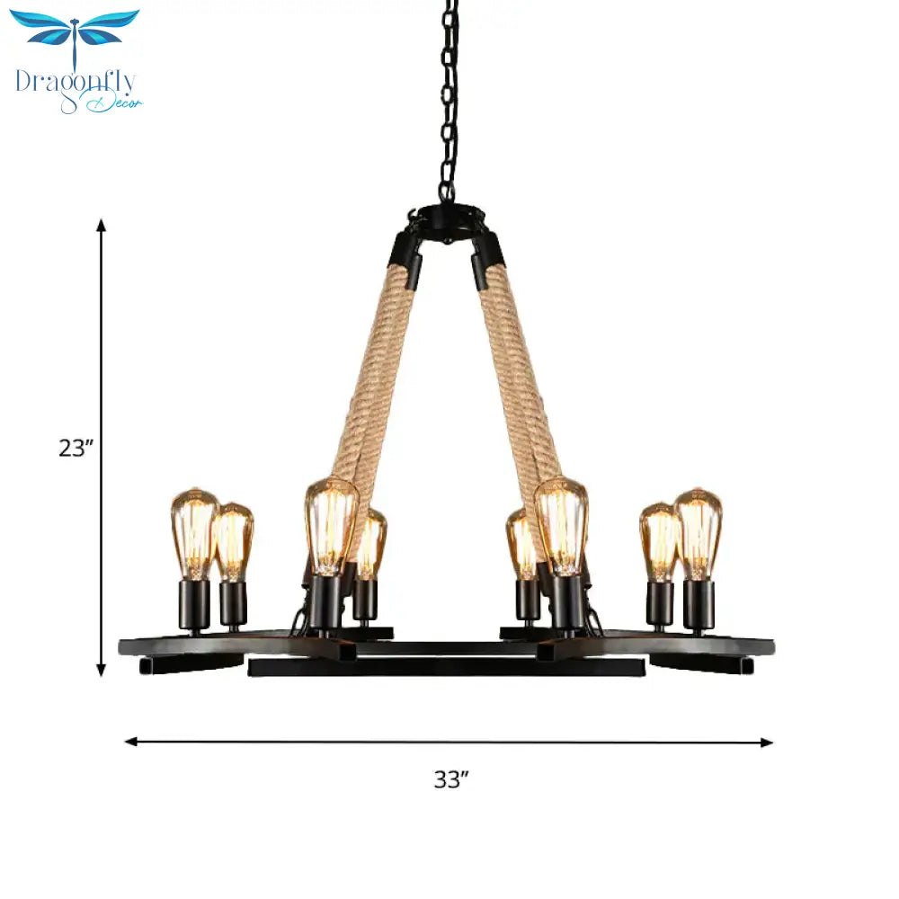 Round Metal Ceiling Lamp Traditional 8 - Bulb Dining Room Pendant Chandelier In Black