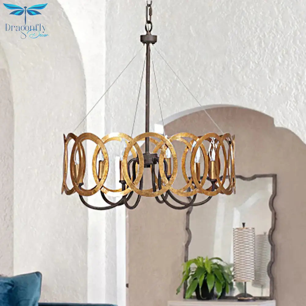 Round Metal Ceiling Light Traditional 6 - Bulb Dining Room Pendant Chandelier In Gold