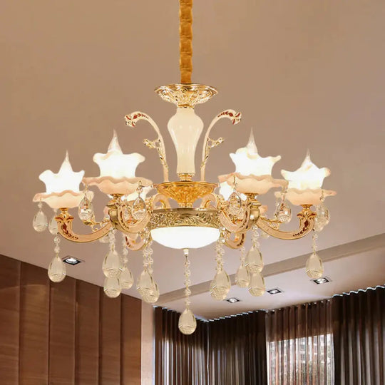 Ruffle Trim Dining Table Suspension Light Traditional Pink Glass 6 Lights Gold Pendant Lighting