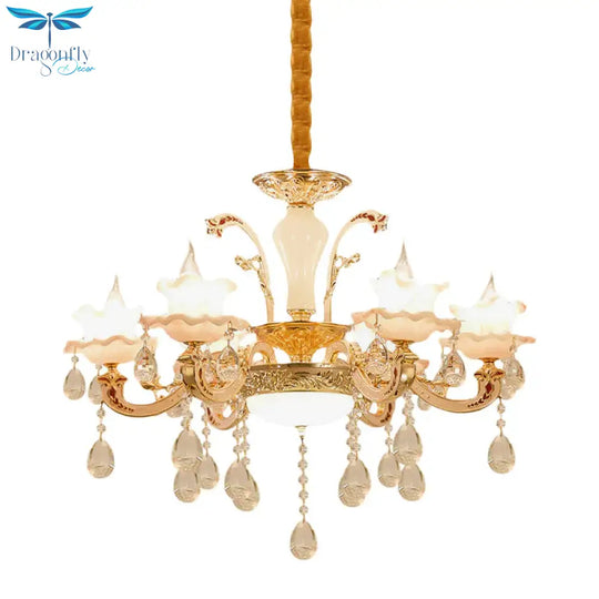 Ruffle Trim Dining Table Suspension Light Traditional Pink Glass 6 Lights Gold Pendant Lighting
