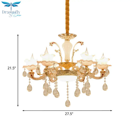Ruffle Trim Dining Table Suspension Light Traditional Pink Glass 6 Lights Gold Pendant Lighting