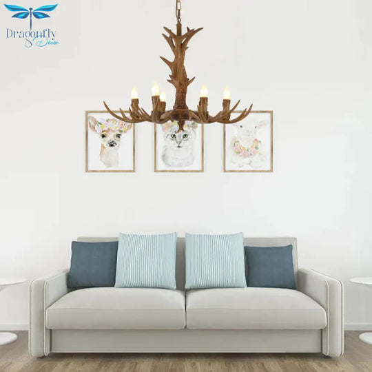 Rural Candelabra Hanging Pendant 6 Lights Resin Ceiling Chandelier In Tan For Living Room