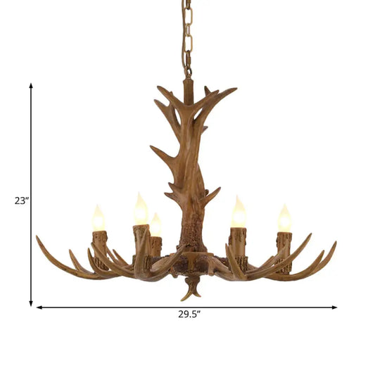 Rural Candelabra Hanging Pendant 6 Lights Resin Ceiling Chandelier In Tan For Living Room