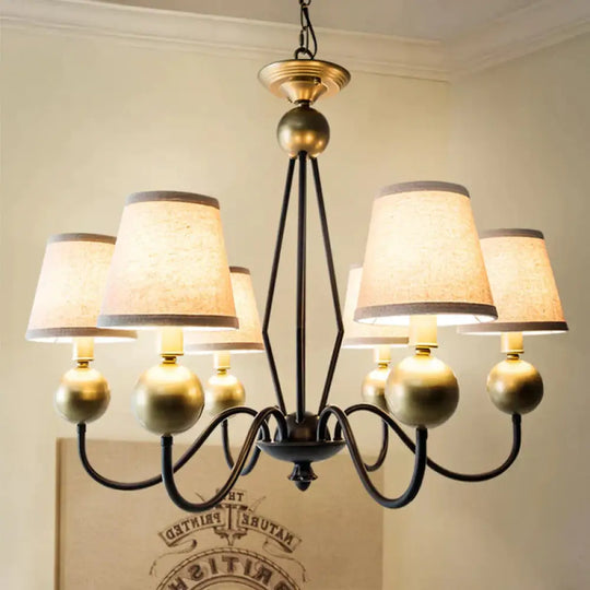 Rural Curvy Arm Hanging Pendant Light 3/6 - Head Fabric Chandelier In Black With Cone Shade 6 /