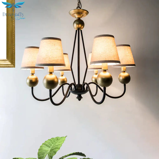 Rural Curvy Arm Hanging Pendant Light 3/6 - Head Fabric Chandelier In Black With Cone Shade