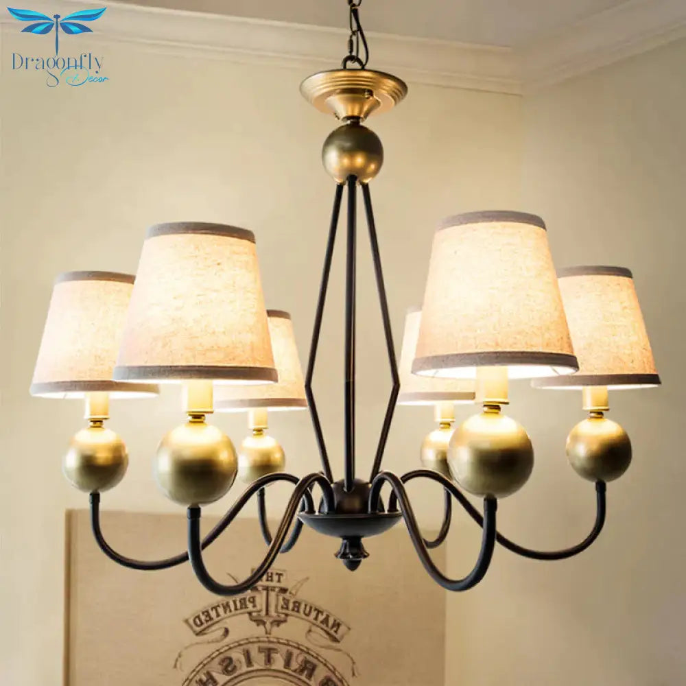Rural Curvy Arm Hanging Pendant Light 3/6 - Head Fabric Chandelier In Black With Cone Shade