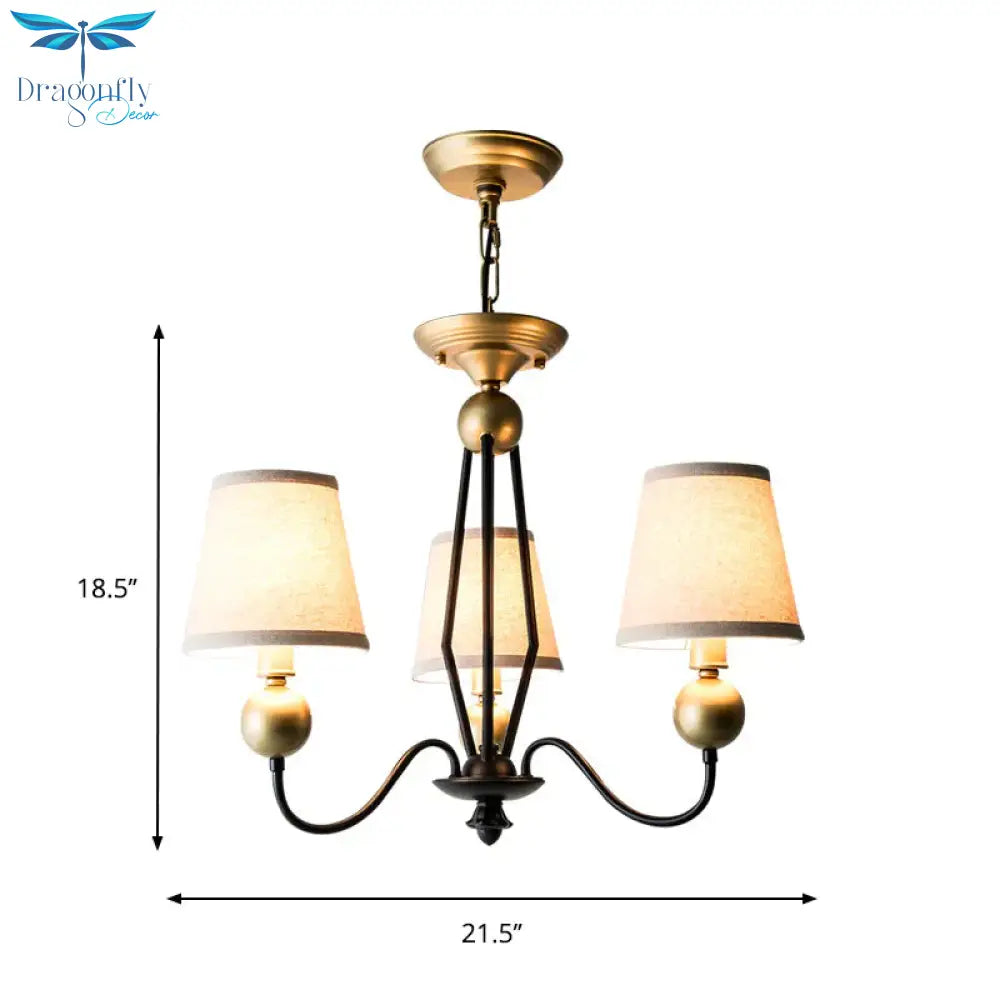 Rural Curvy Arm Hanging Pendant Light 3/6 - Head Fabric Chandelier In Black With Cone Shade