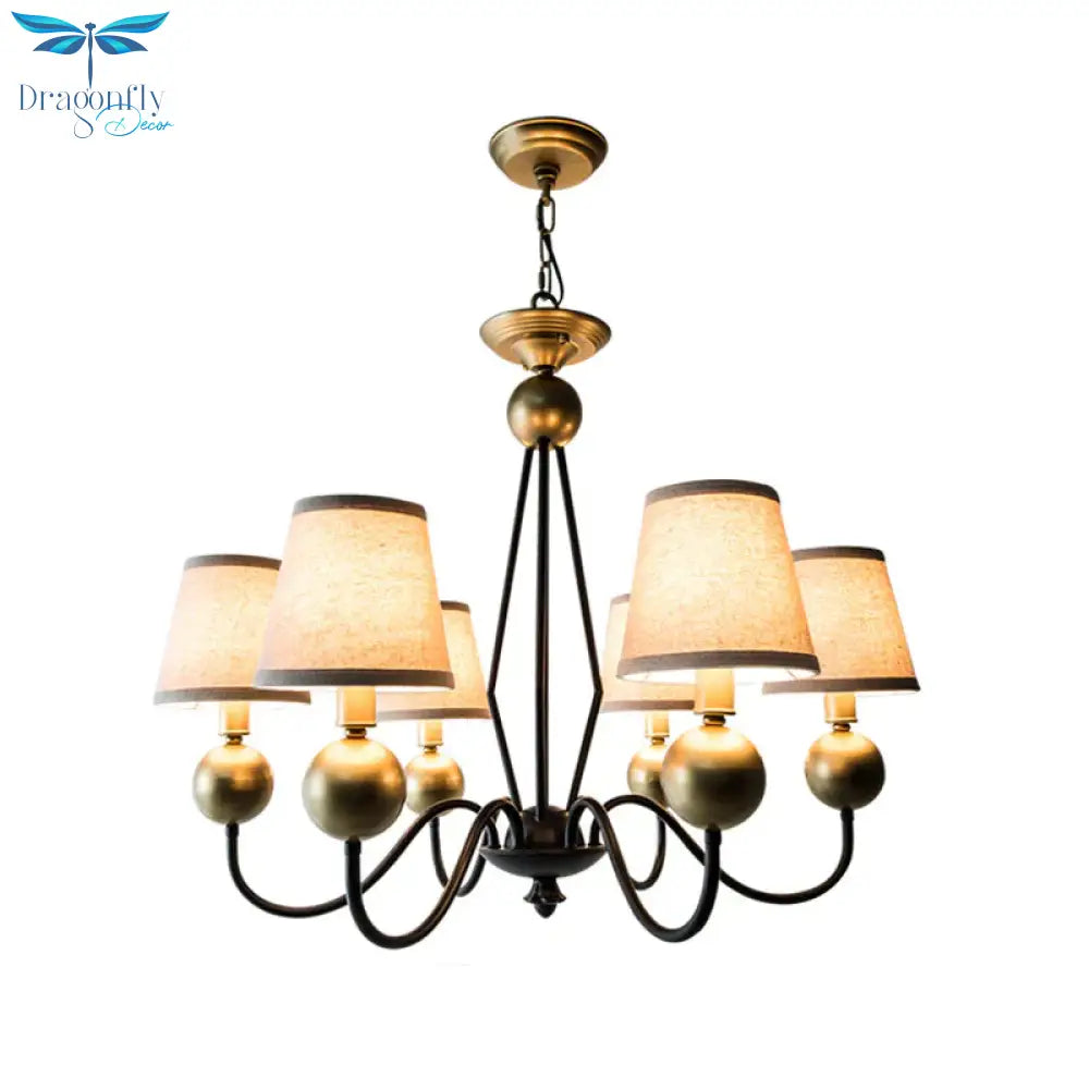 Rural Curvy Arm Hanging Pendant Light 3/6 - Head Fabric Chandelier In Black With Cone Shade