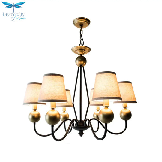 Rural Curvy Arm Hanging Pendant Light 3/6 - Head Fabric Chandelier In Black With Cone Shade