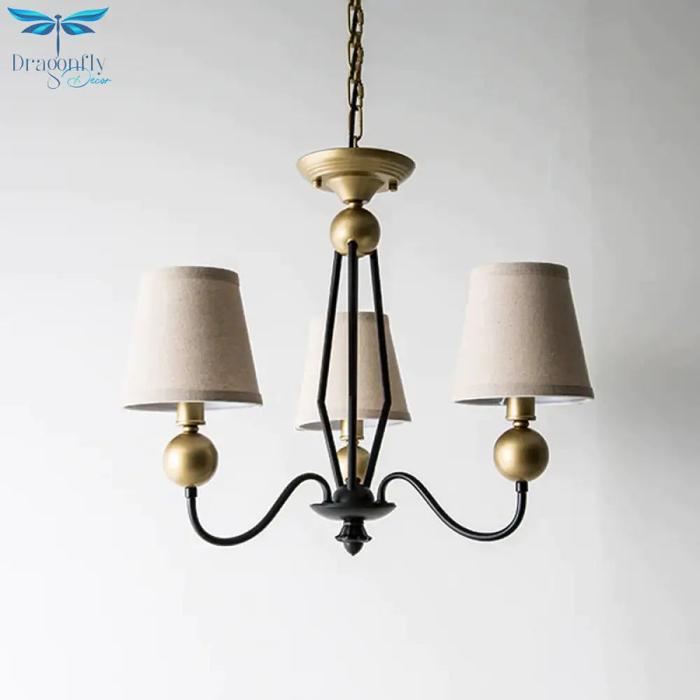 Rural Curvy Arm Hanging Pendant Light 3/6 - Head Fabric Chandelier In Black With Cone Shade